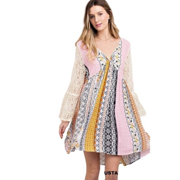 Mixed Print Lace Bell Sleeve Mini Dress | Boho Coastal Cowgirl Whimsigoth Indie - Picture 10 of 12